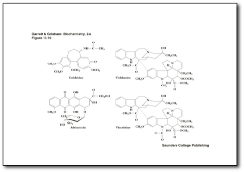 Image description: An image from the publishers text that contains various wire diagrams of the molecular structure of certain medications all used to treat various cancers. There are four images. Colchincine, Vincristine, Adriamycin, Vinblastine.