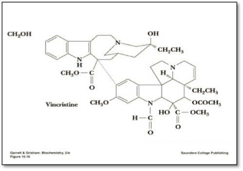 An expanded image of the Vincristine molecule.  There are no other molecules present.  This image is enlarged to fill the slide, however it is still an image and the construction of the molecule is not readable by a screen reader.  In this text box an instructor would be able to write a brief narrative of the image giving others a chance to understand what is essential.