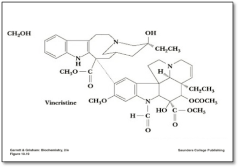 An expanded image of the Vincristine molecule.  There are no other molecules present.  This image is enlarged to fill the slide, however it is still an image and the construction of the molecule is not readable by a screen reader.  In this text box an instructor would be able to write a brief narrative of the image giving others a chance to understand what is essential.