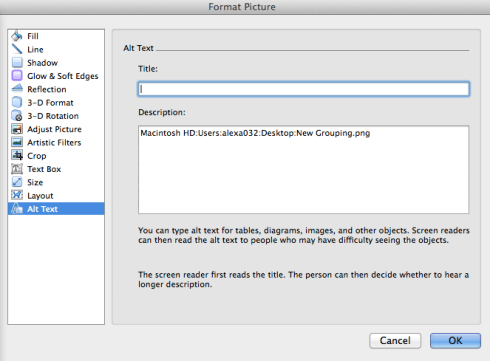 To insert Alt Text in the Format Picture dialog box, click on the Alt Text phrase in the menu at the left of the box.