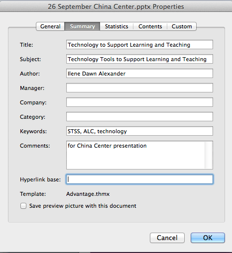 This image shows the "Summary" tab in the Properties dialog box.  Here document creators can add title, subject, author, keyword and comment information.